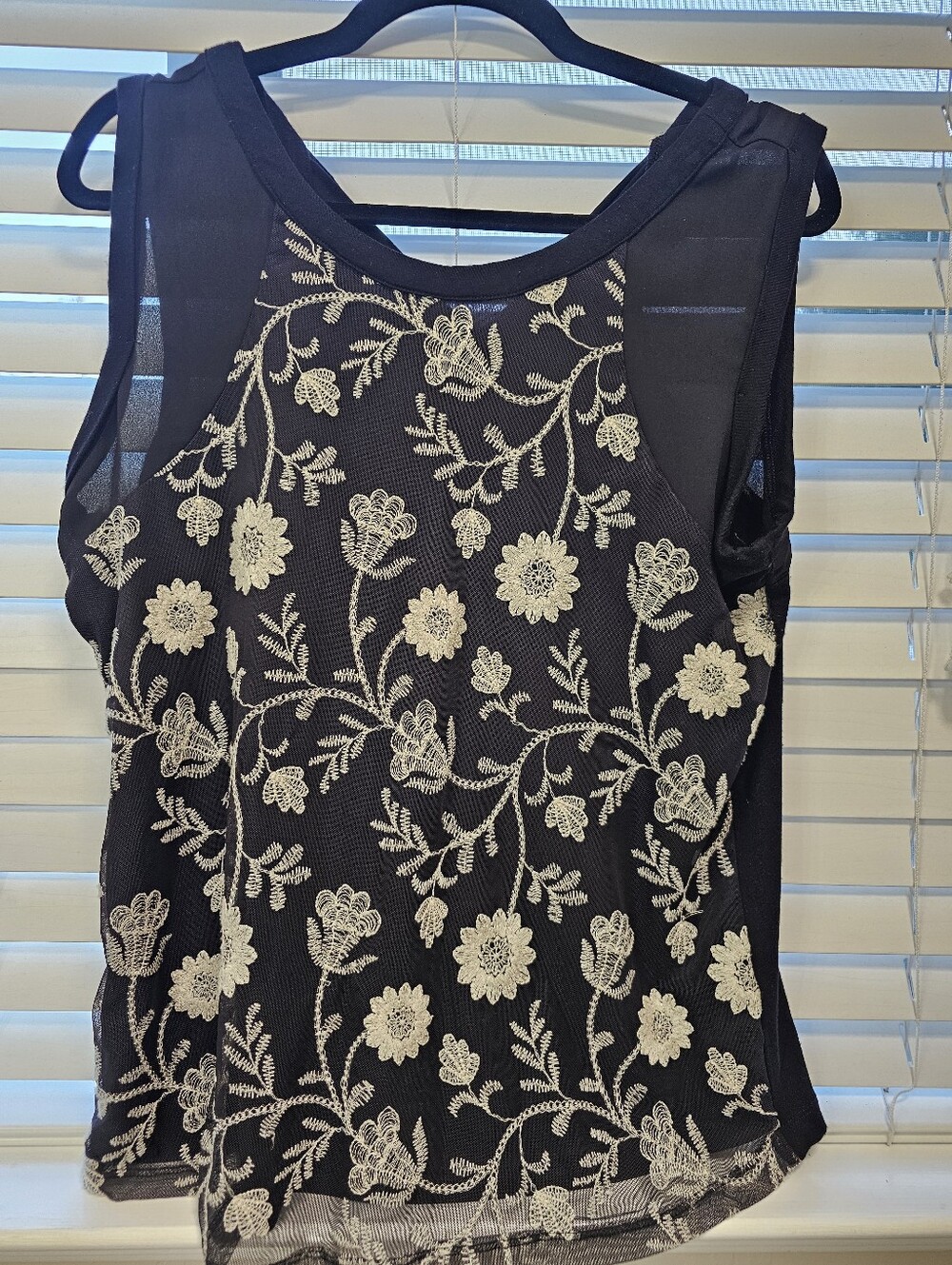 Maurices Black Mesh Camisole with Cream Floral Embroidery